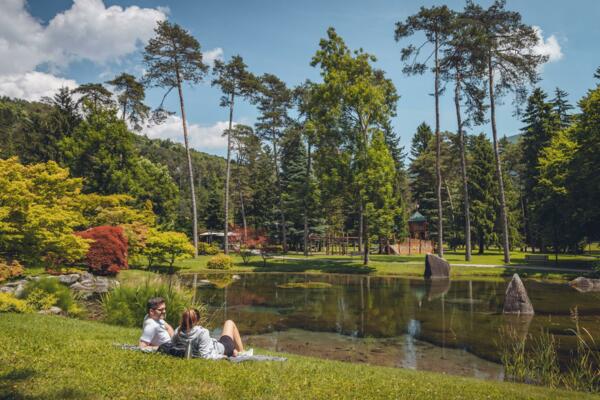 Una coppia si rilassa vicino a uno stagno in un tranquillo parco, circondati da alberi verdi e colori autunnali. Il cielo è sereno con alcune nuvole bianche.