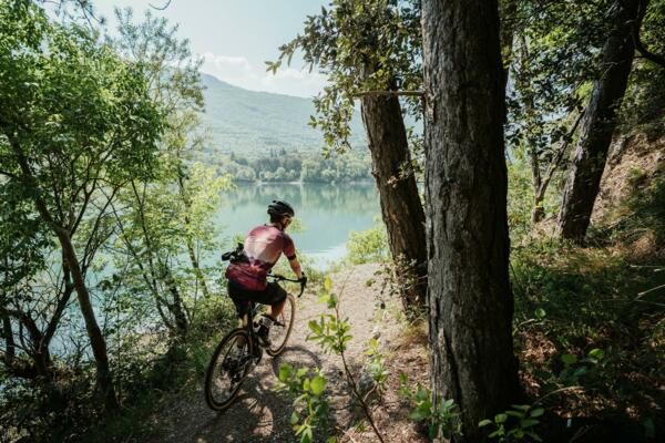 Un ciclista percorre un sentiero vicino a un lago tranquillo, circondato da alberi e vegetazione. La scena è immersa nella natura e offre una vista panoramica sulle colline.