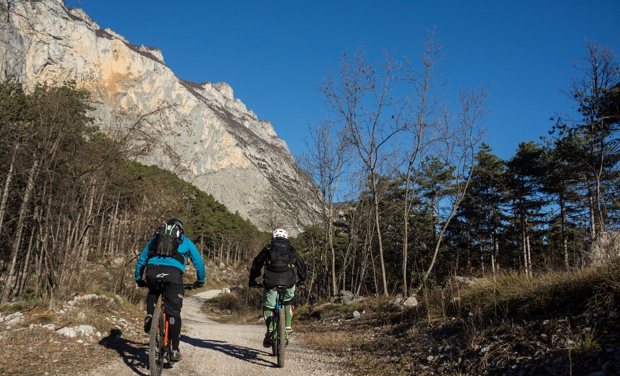 Un tratto del percorso con la parete rocciosa del Monte Brento sullo sfondo | © Archivio Garda Trentino (ph. Marco Giacomello), Garda Trentino 