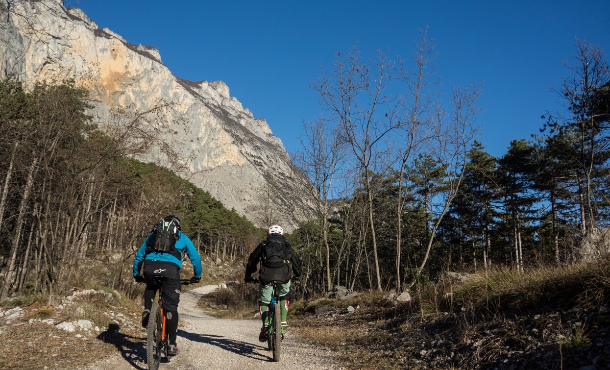 Un tratto del percorso con la parete rocciosa del Monte Brento sullo sfondo | © Archivio Garda Trentino (ph. Marco Giacomello), Garda Trentino 