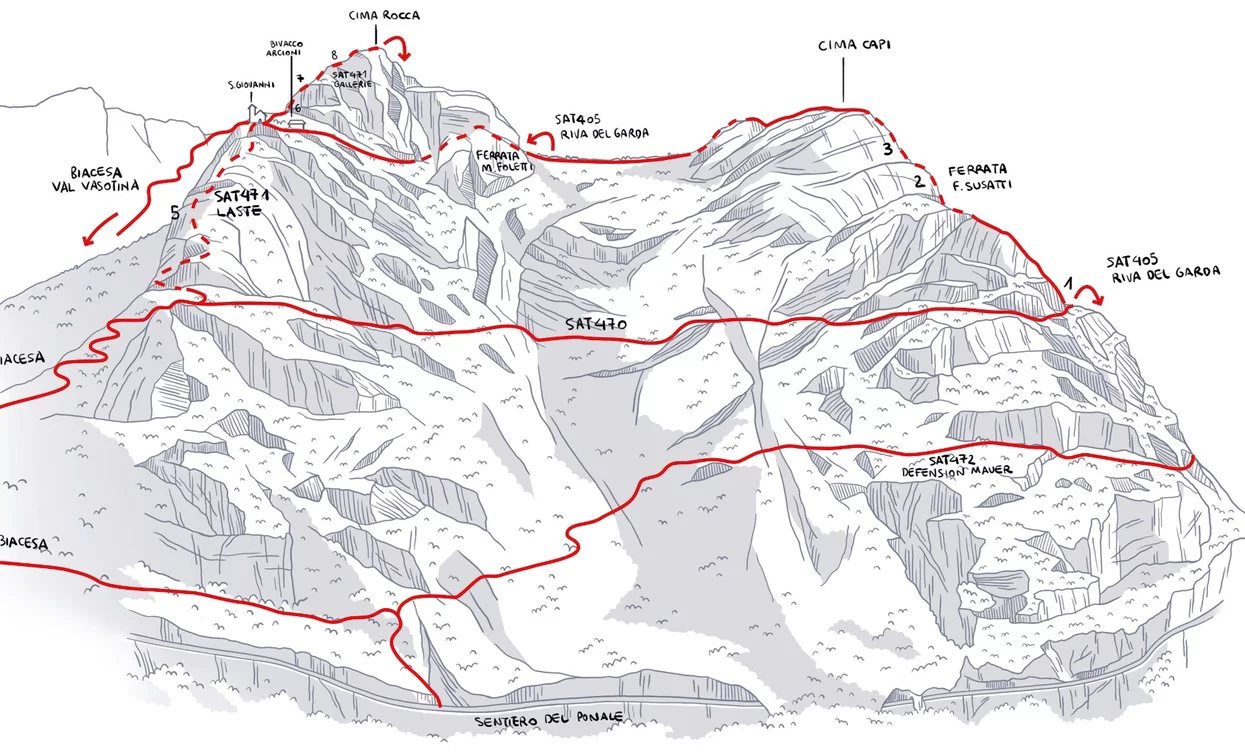 Die Route zur Cima Rocca | © Elaborazione grafica Sveva Seneci , Garda Trentino 