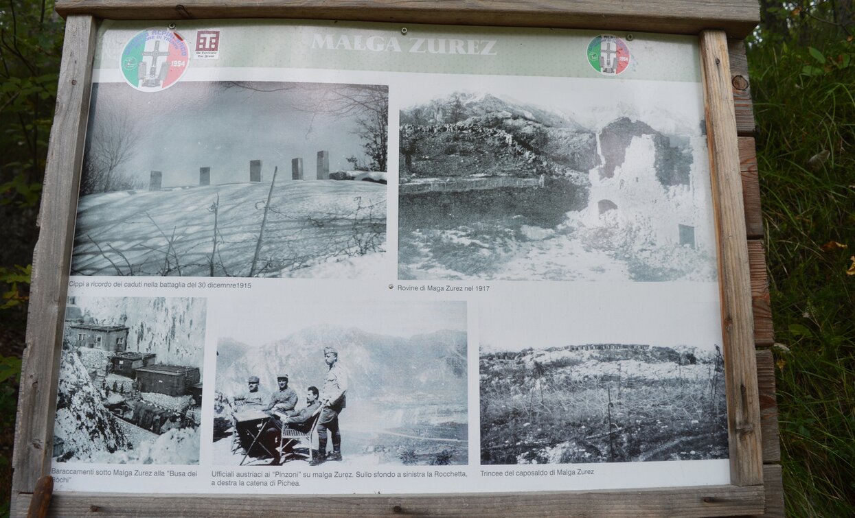Information board at Malga Zures with photos and information about the First World War | © A. Pizzato - montagnadiviaggi.it, Garda Trentino