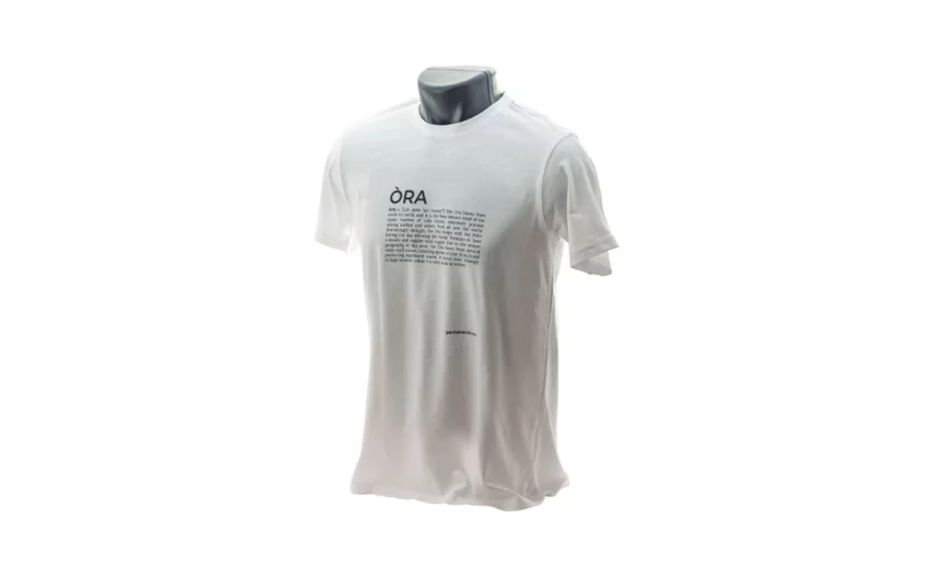 A white t-shirt with a black print that contains text. It is displayed on a mannequin without arms.