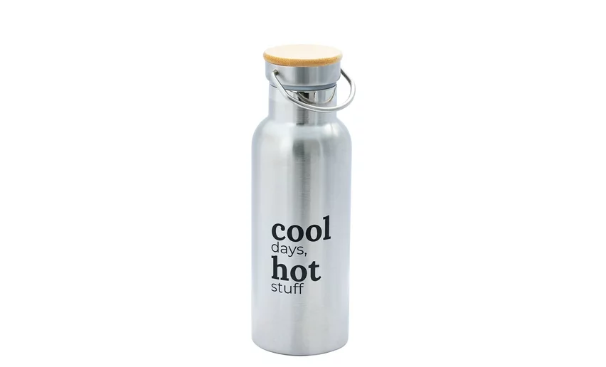A stainless steel bottle with an elegant design. On the side, the words "cool days, hot stuff" can be read.