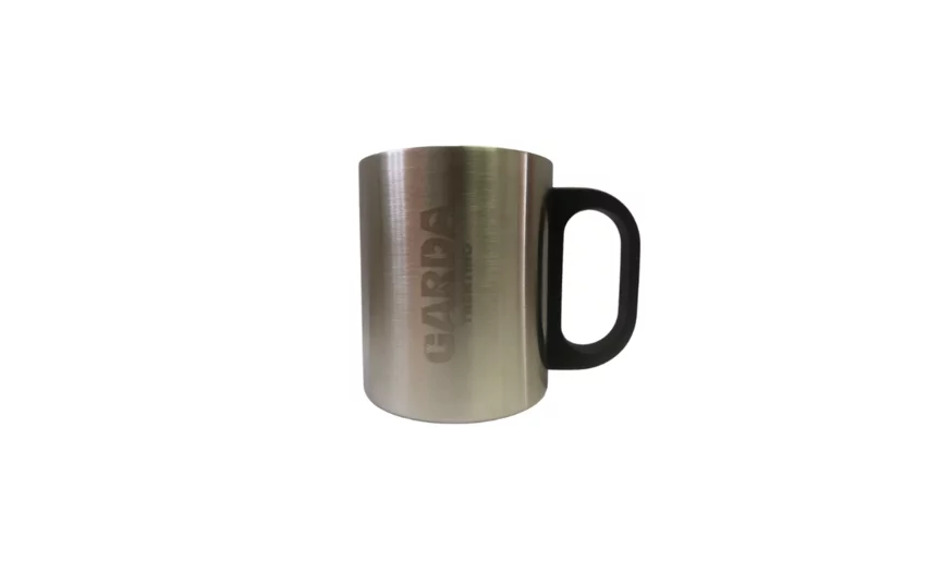 A stainless steel mug with a black handle. The name "GARDA" is engraved on the surface.