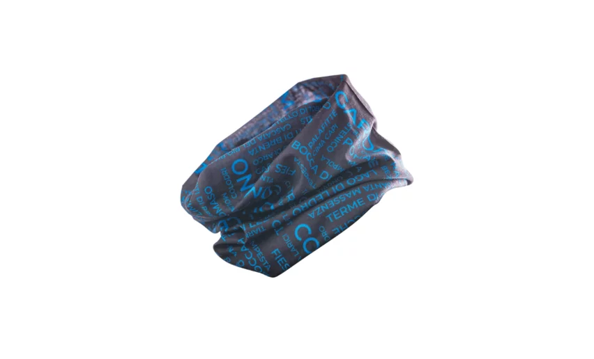 A multifunctional scarf with a modern design and blue text on a dark background. Ideal for outdoor activities and casual fashion.