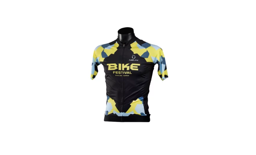Cycling jersey with a modern design in yellow, blue, and black colors. Ideal for the Bike Festival and for cycling enthusiasts.