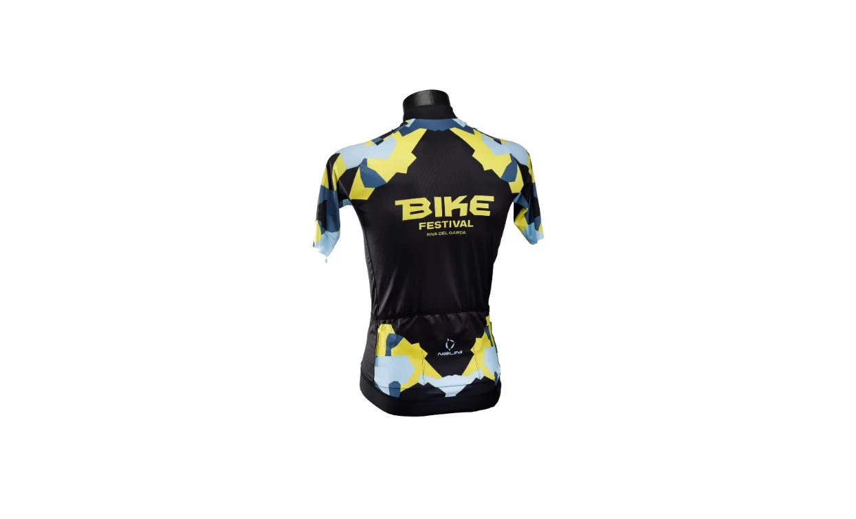 Maglia da ciclismo con design moderno in blu, giallo e nero. Ideale per il festival di biciclette.