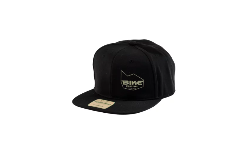 A black cap with a flat visor. The front features the "BIKE Festival" logo in gold.