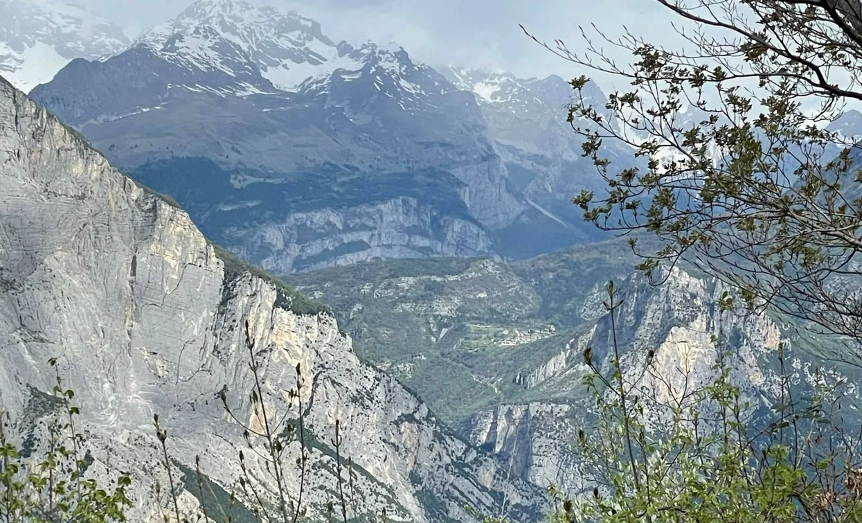 Una vista panoramica delle montagne con cime innevate. La vegetazione verdeggiante si staglia davanti alle alte pareti rocciose.