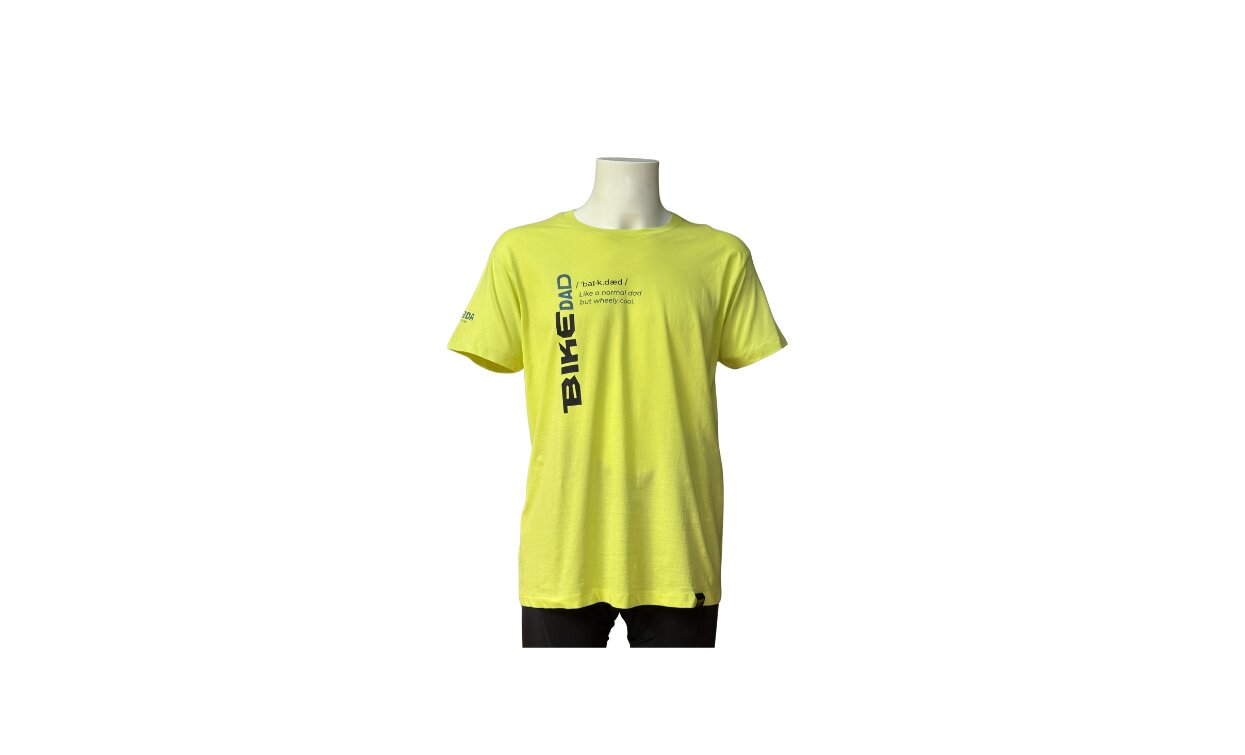 A bright yellow t-shirt with the word "BIKE" on the front. Ideal for outdoor activities and sports.