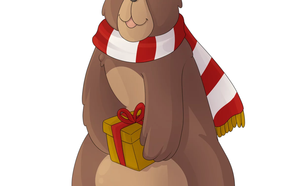 Un orso carino con una sciarpa a righe rosse e bianche. Tiene un regalo con un fiocco rosso tra le zampe.