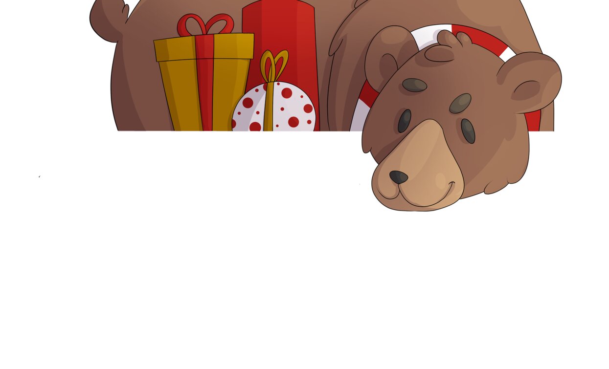 Ein niedlicher Bär entspannt sich neben bunten Geschenken. Der Bär hat einen freundlichen und festlichen Ausdruck.