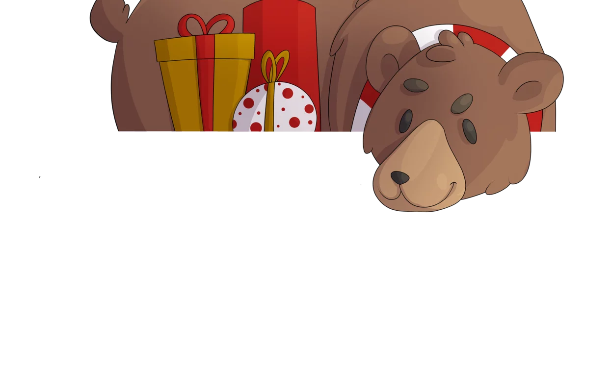 Un orso carino si rilassa accanto a dei regali colorati. L'orso ha un'espressione amichevole e festosa.