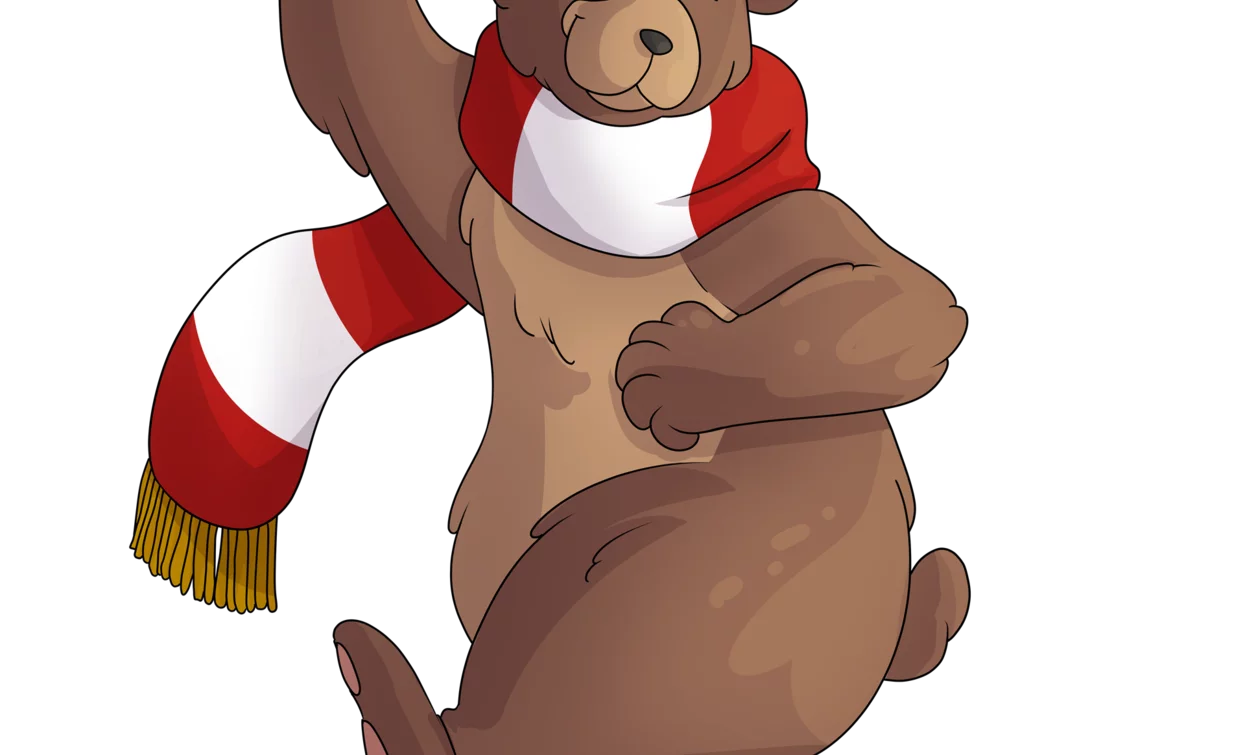 A friendly bear with a red and white scarf, dancing. It has a happy and lively expression.