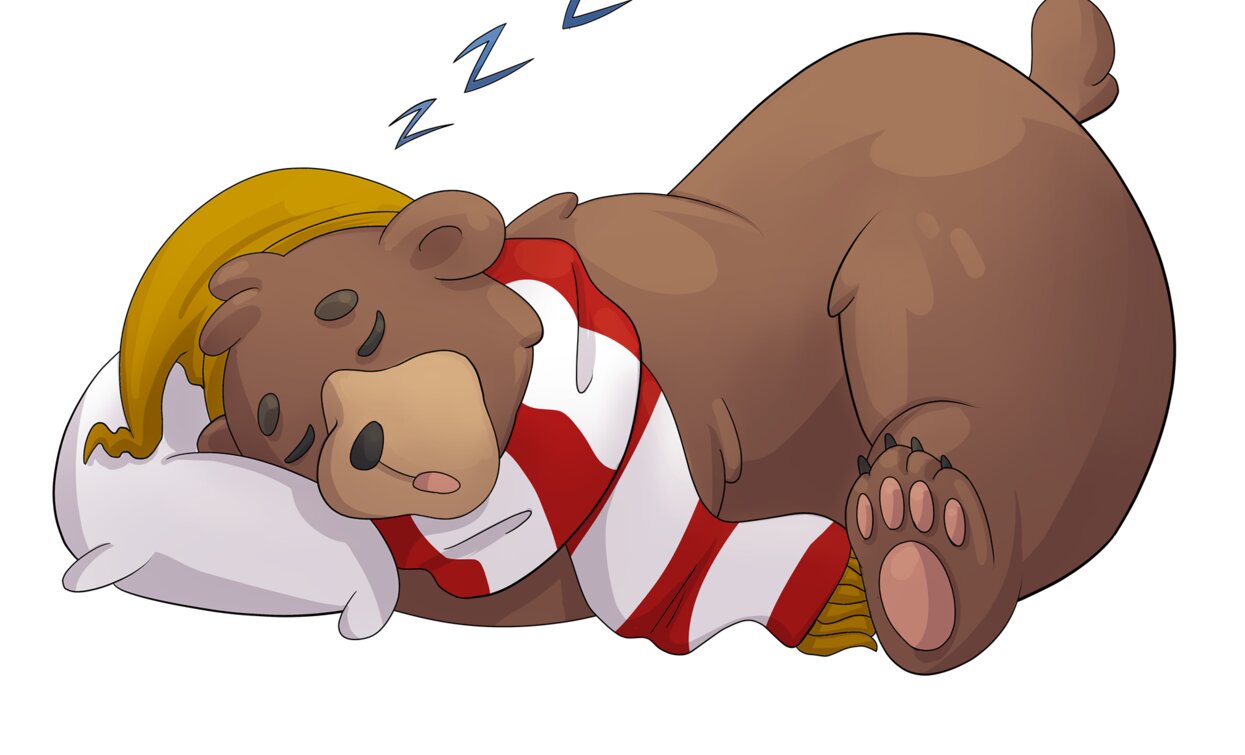 Un orsacchiotto cartone animato dorme accoccolato su un cuscino. Indossa un cappello da notte giallo e una sciarpa a strisce.