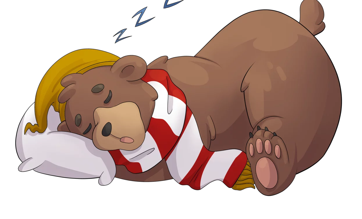 A cartoon teddy bear is sleeping curled up on a pillow. It is wearing a yellow nightcap and a striped scarf.