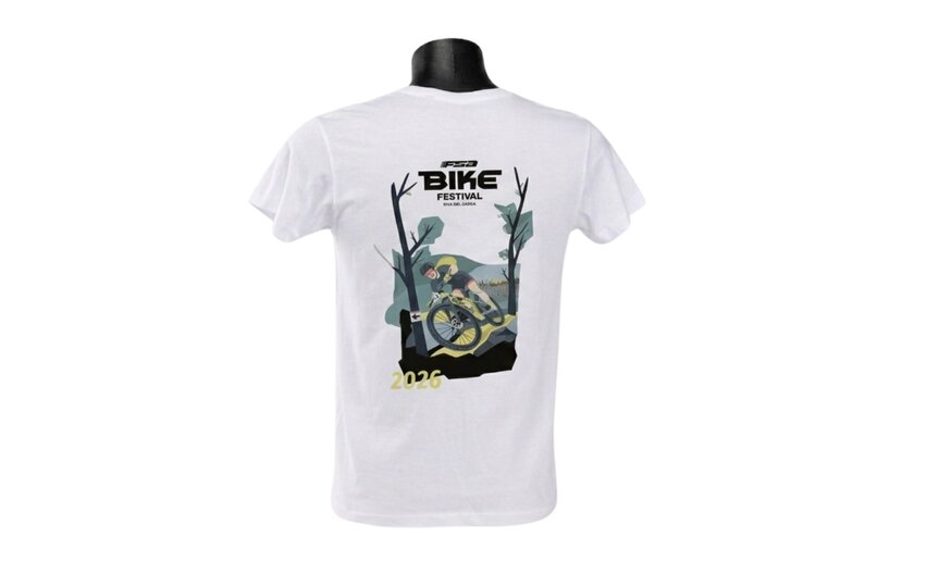 A white t-shirt with a graphic design representing a cycling festival. On the back, there are natural elements and a figure cycling.