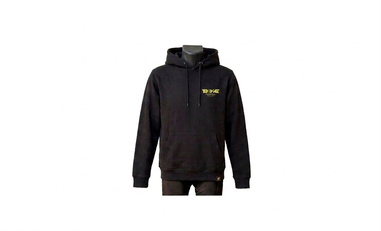 A black hoodie with a yellow logo on the chest. Worn on a mannequin to showcase the design.