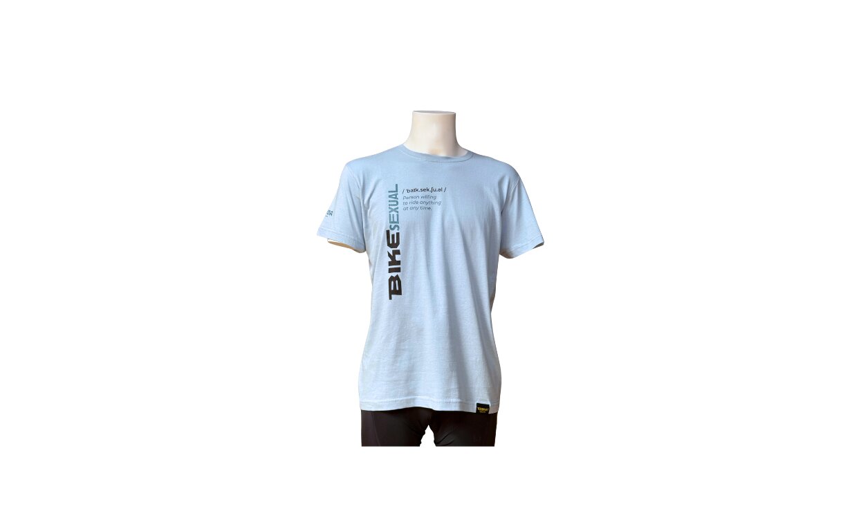 A casual blue t-shirt with black writing. Ideal for cycling enthusiasts.