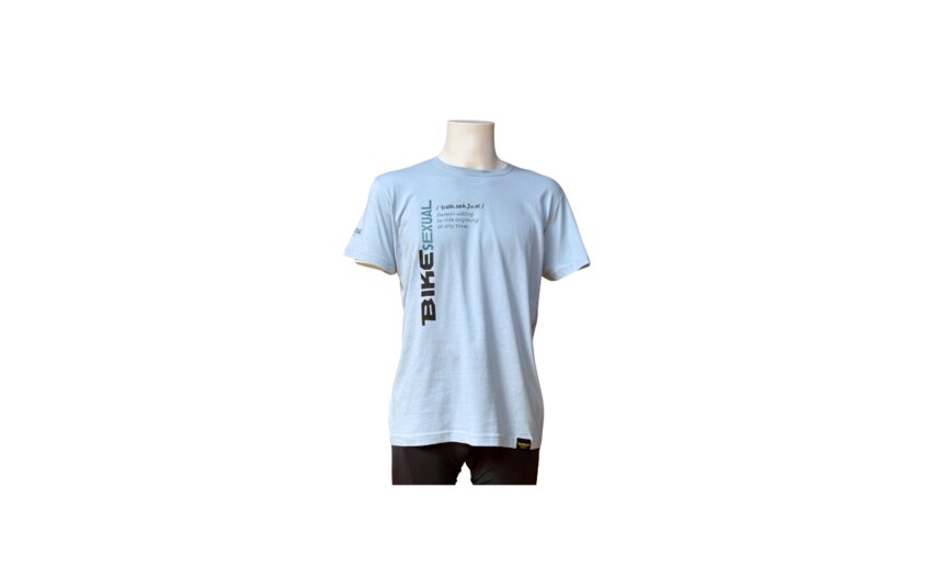 A casual blue t-shirt with black writing. Ideal for cycling enthusiasts.